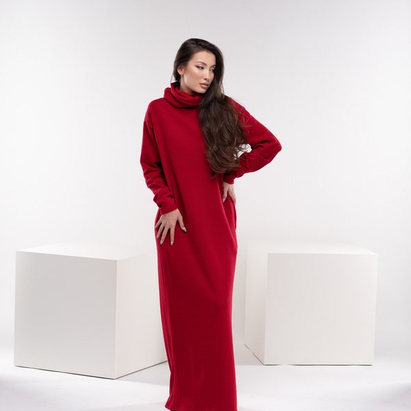 Maxi rotes Strickkleid, Rollkragen Pullover Kleid, langes Wollkleid, warmes Herbstkleid, übergroßes Kleid, lange Ärmel Kleid, süßes Maxi Kleid