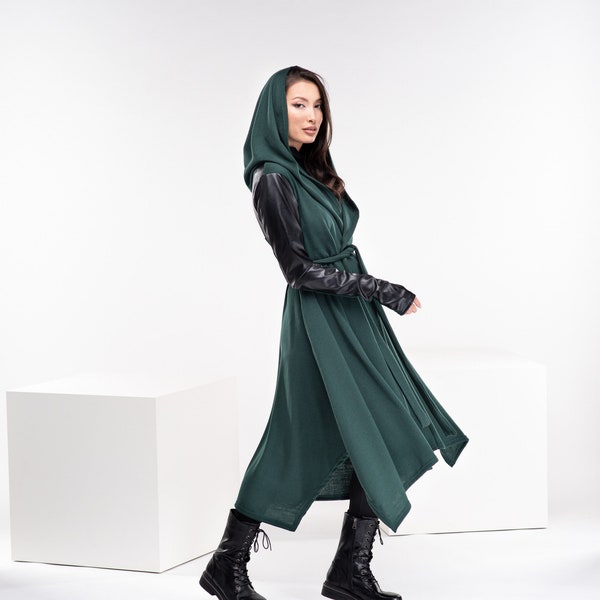 Witch Green Cloak, Hooded Wizard Cloak, Wool Leather Adult Cape, Long Fall Cardigan, Asymmetrical Sweater Coat, Plus Size Elven Clothing
