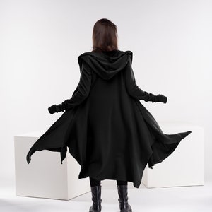 Black Winter Cloak, Wool Plus Size Cape, Goth Sweater Coat, Long Cloak with Hood, Knit Asymmetrical Cardigan, Cyberpunk Clothing