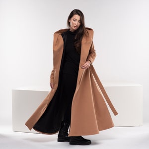 Wool Winter Coat, Long Princess Coat, Hooded Camel Coat, Swing Coat with Belt, Brown Winter Cloak, Wool Overcoat, Capsule Wardrobe