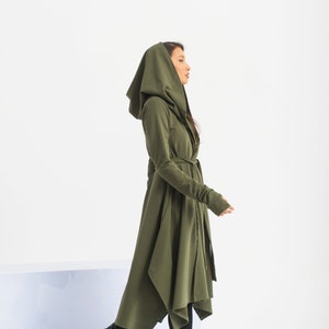 Hooded Green Cloak, Long Cyberpunk Hoodie, Asymmetrical Swing Coat, Adult Elven Cape Coat