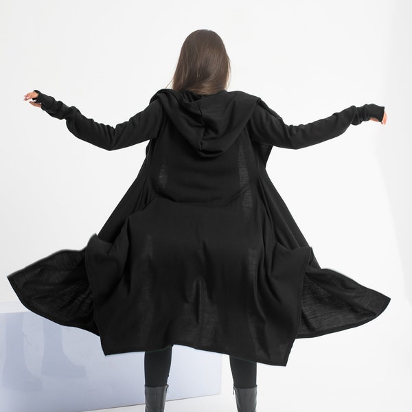 Goth Long Sweater Coat, Black Hooded Cloak, Gothic Cosplay Hoodie, Medieval Black Cape, Goth Plus Size Clothing