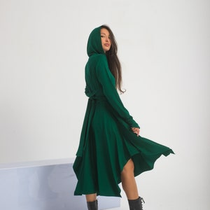 Green Hooded Dress, Asymmetrical Wrap Dress, Witch Autumn Dress, Plus Size Futuristic Clothing