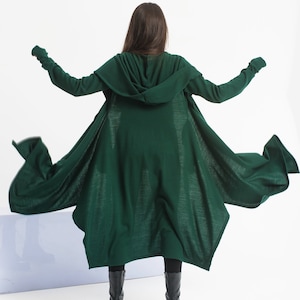 Green Witch Wool Cloak, Plus Size Wool Cape, Hooded Wizard Cloak, Long Wrap Kimono Cardigan, Knitted Cyberpunk Cardigan Coat, Techwear