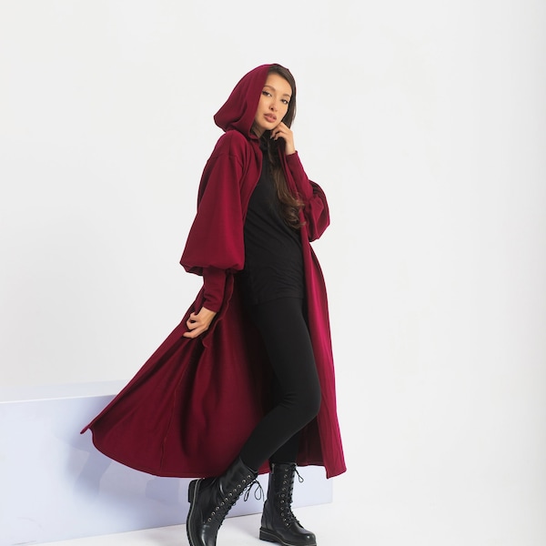 Burgundy Red Medieval Cloak, Viking Hood Winter Cape, Wool Victorian Coat, Long Knit Kimono Cardigan