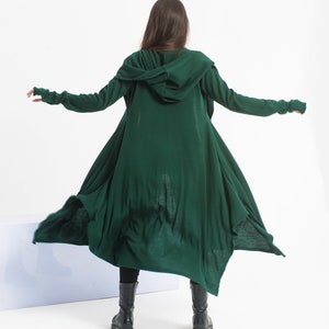 Emerald Green Hooded Knit Cloak, Long Cardigan with Thumb Holes