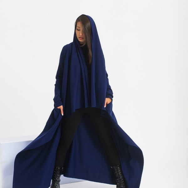 Navy Blue Wool Coat, Oversized Hooded Cloak, Cyberpunk Cosplay Cardigan, Plus Size Blanket Coat