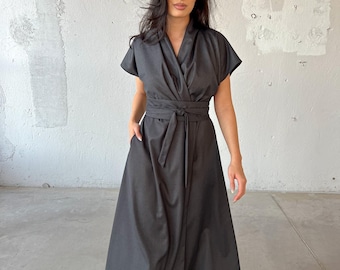Wool Kimono Dress, Japanese Wrap Dress, Fairy Dress with Pockets, Wool Tie Waist Dress, Plus Size Maxi Dress, Winter Dress with Obi Belt