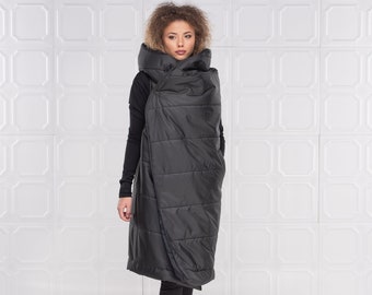 Black Women Vest, Puffer Coat, Hooded Vest, Winter Coat