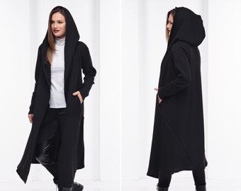 Capa negra, abrigo tipo cárdigan largo, kimono de lana de invierno