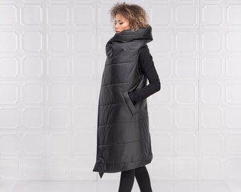 Black Puffer Jacket, Oversized Down Jacket Women, Long Quilted Vest, Maxi Hooded Winter Coat, Grunge Clothing