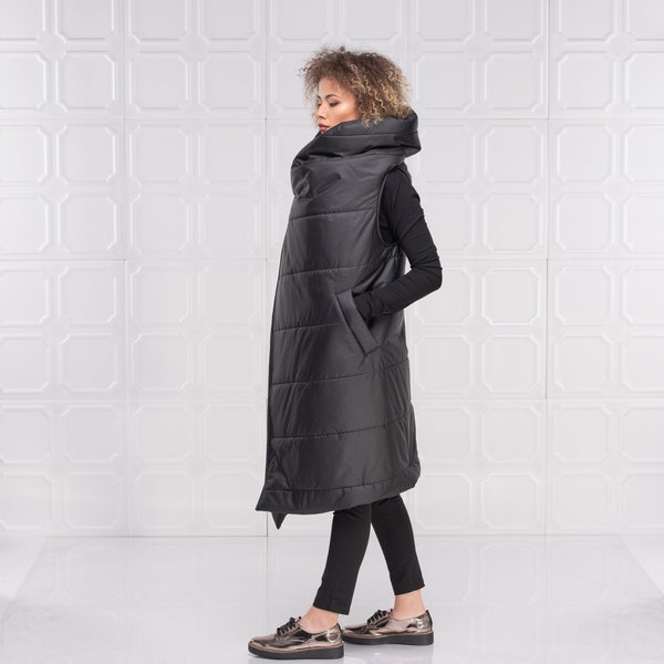 Black Puffer Jacket, Oversized Down Jacket Women, Long Quilted Vest, Maxi Hooded Winter Coat, Grunge Clothing