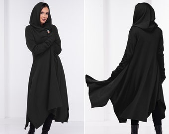 Winter Black Cloak, Hooded Gothic Cape, Long Asymmetric Coat, Womens Witch Cloak, Medieval Cloak