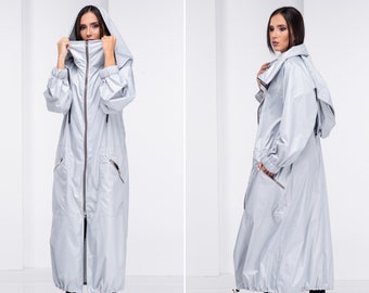 Chaqueta cyberpunk con capucha, abrigo largo tipo capa para mujer, chaqueta impermeable gótica, ropa cyberpunk para mujer
