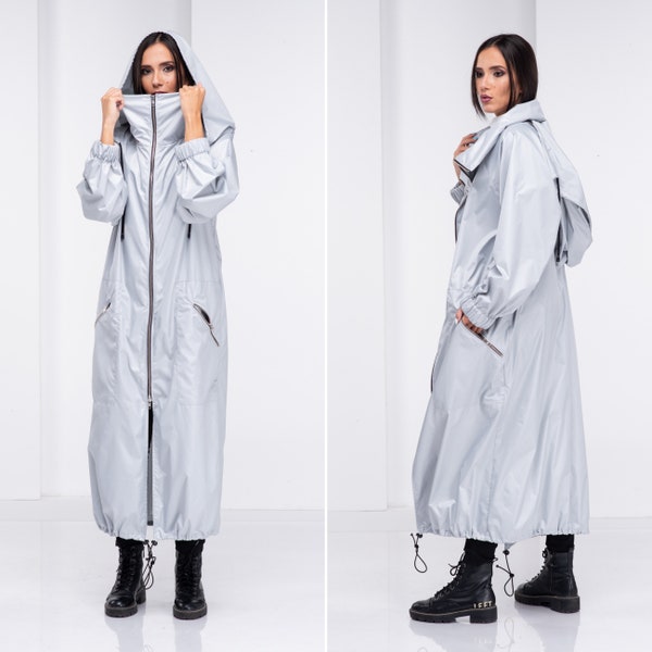 Cyberpunk Jacke mit Kapuze, Langer Umhang Damen, Gothic Regenjacke, Cyberpunk Kleidung Damen