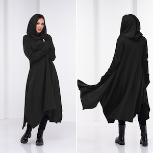 Winter Black Cloak, Hooded Gothic Cape, Long Asymmetric Coat, Womens Witch Cloak, Medieval Cloak