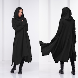 冬用黒マント、フード付きゴシックケープ、ロングアシンメトリーコート、レディース魔女マント、中世マント
