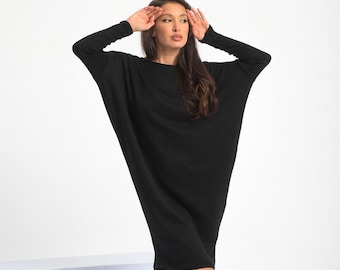 Black Oversized Winter Pullover Dress : Warm Knitted Wool Sweater Dress