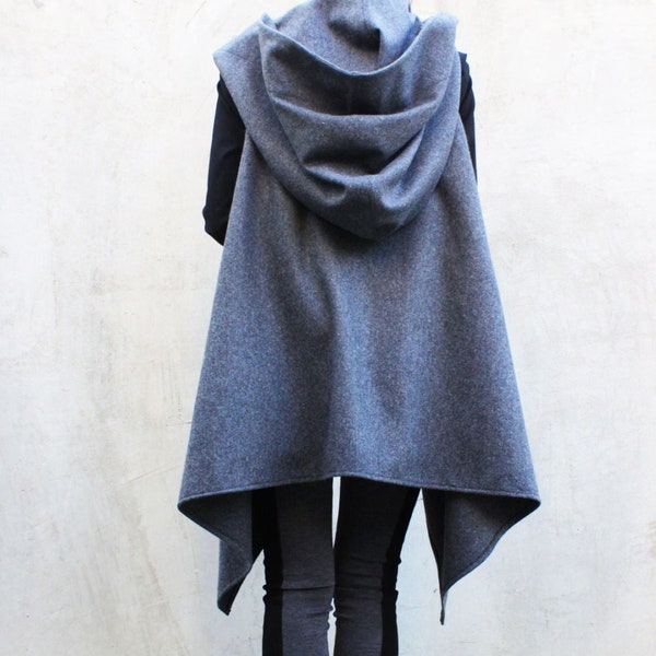 Asymmetrischer Woll Hoodie, Oversize Woll Tunika, Extra Warmer Hoodie, Graue Kapuze Mantel Jacke, Extravaganter Hoody