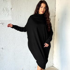 Black Winter Dress, Long Sleeve Wool Dress, Asymmetrical Knitted Dress, Futuristic Sweater Dress