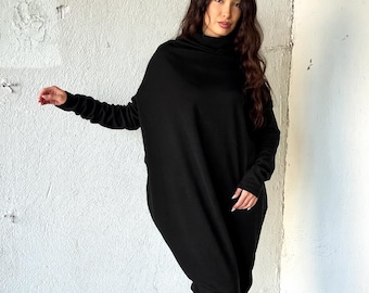 Black Winter Dress, Long Sleeve Wool Dress, Asymmetrical Knitted Dress, Futuristic Sweater Dress