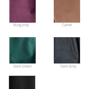 May include: Image showcasing swatches of wool mix fabric in various colors. The colors include burgundy, camel, dark green, dark grey, and black. The text indicates the fabric is soft, warm, and suitable for winter wear, with a viscose lining.