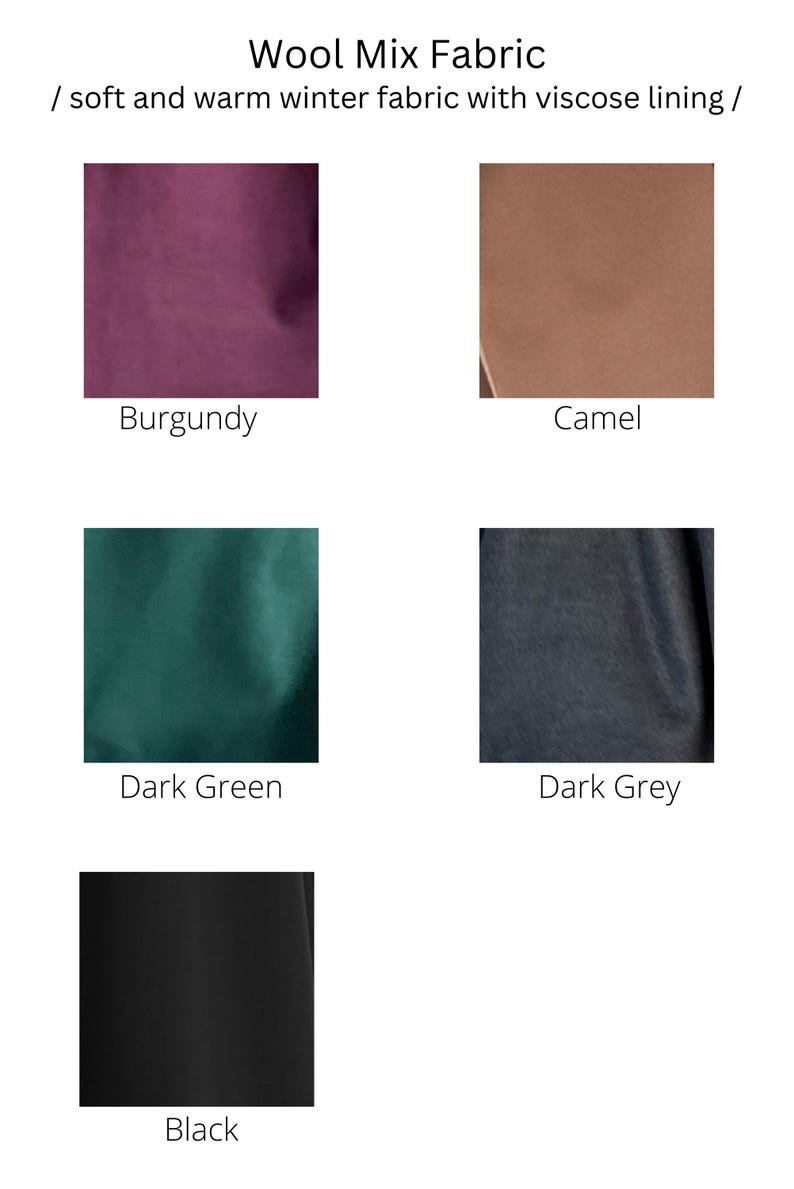 May include: Image showcasing swatches of wool mix fabric in various colors. The colors include burgundy, camel, dark green, dark grey, and black. The text indicates the fabric is soft, warm, and suitable for winter wear, with a viscose lining.