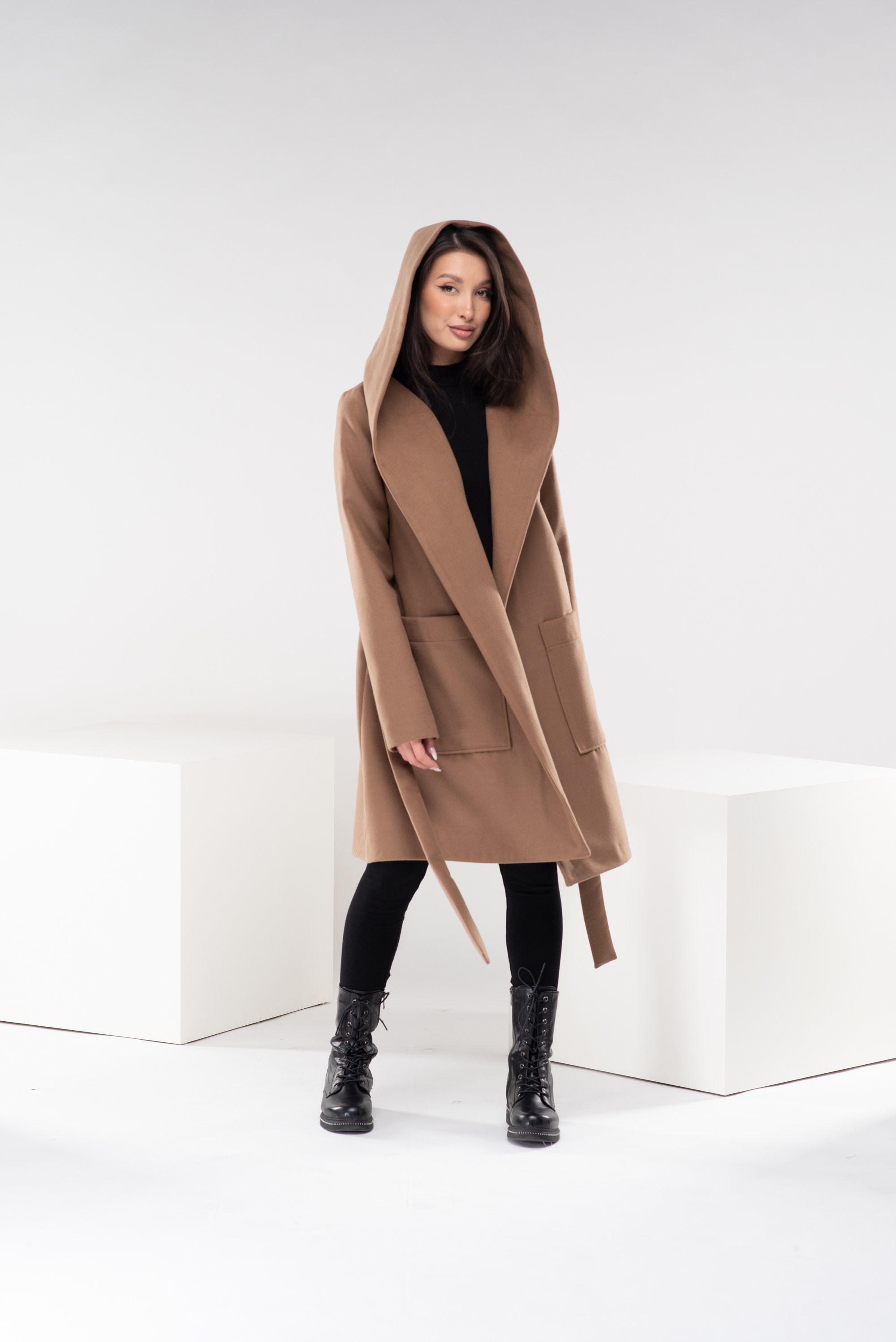 Hooded Camel Wool Coat Long Winter Coat With Belt Womens Trench