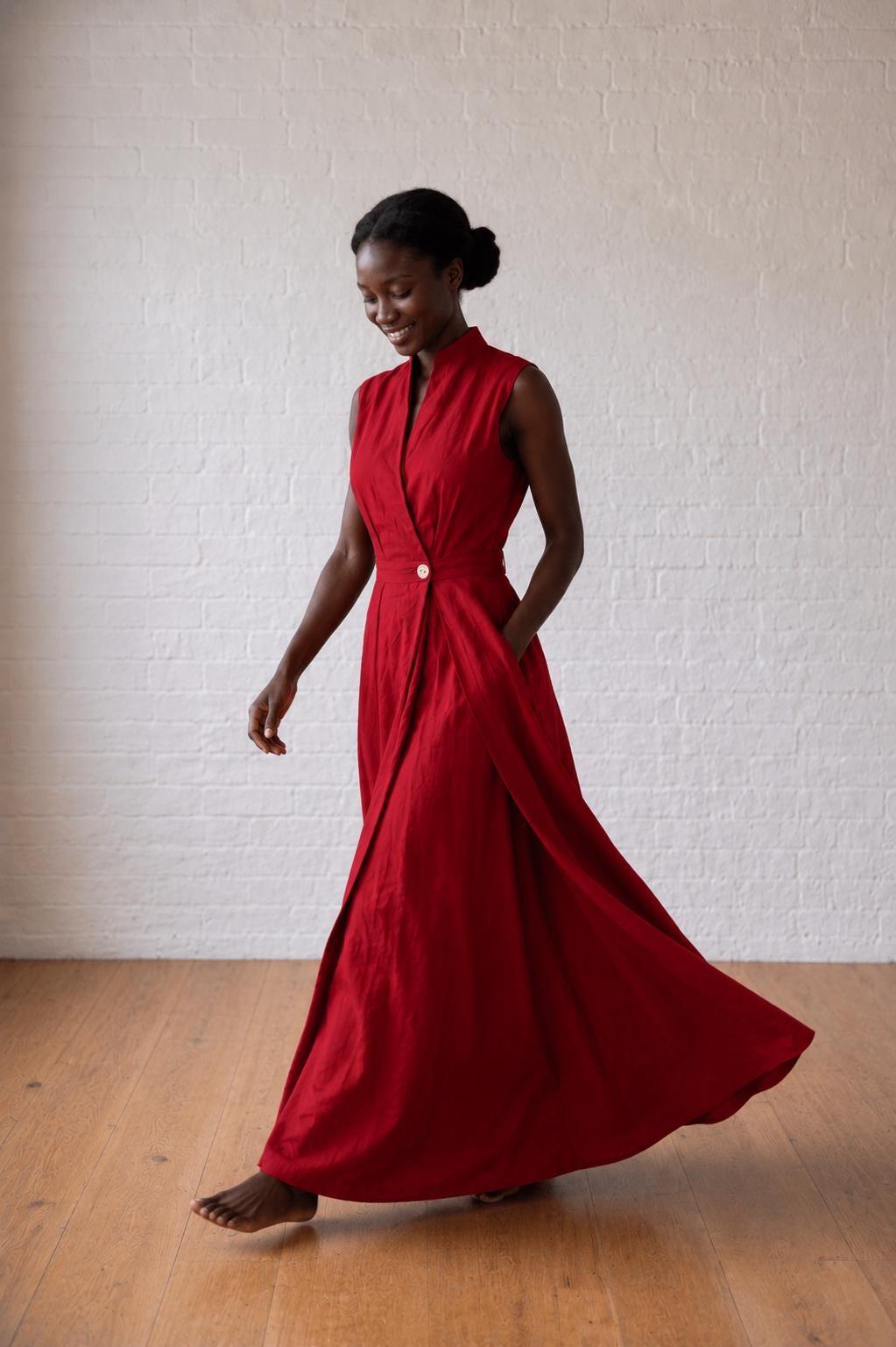 Long Linen Maxi Japanese Kimono Dress, High Neck Flax Summer Maxi Style