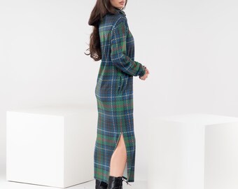 Turtleneck Green Plaid Dress, Long Sweater Dress with Pockets, Wool Jumper Dress, Warm Autumn Dress, Avant Garde Dress, Capsule Slow Fashion