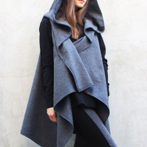 Extravagant Vest , Grey Wool Vest, Asymmetrical Hooded Top, Hoodie, Grey Kasha Sleeveless Coat, Loose Vest