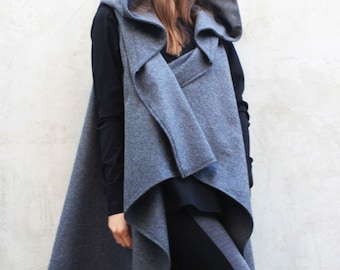 Asymmetrical Wool Hoodie: Oversized Hooded Tunic Jacket