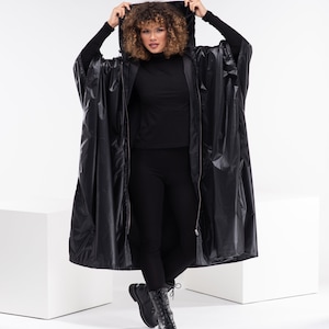 Oversized Hooded Raincoat, Boho Gothic Hoodie, Long Black Cape Coat, Cyberpunk Rain Jacket, Black Swing Coat image 7