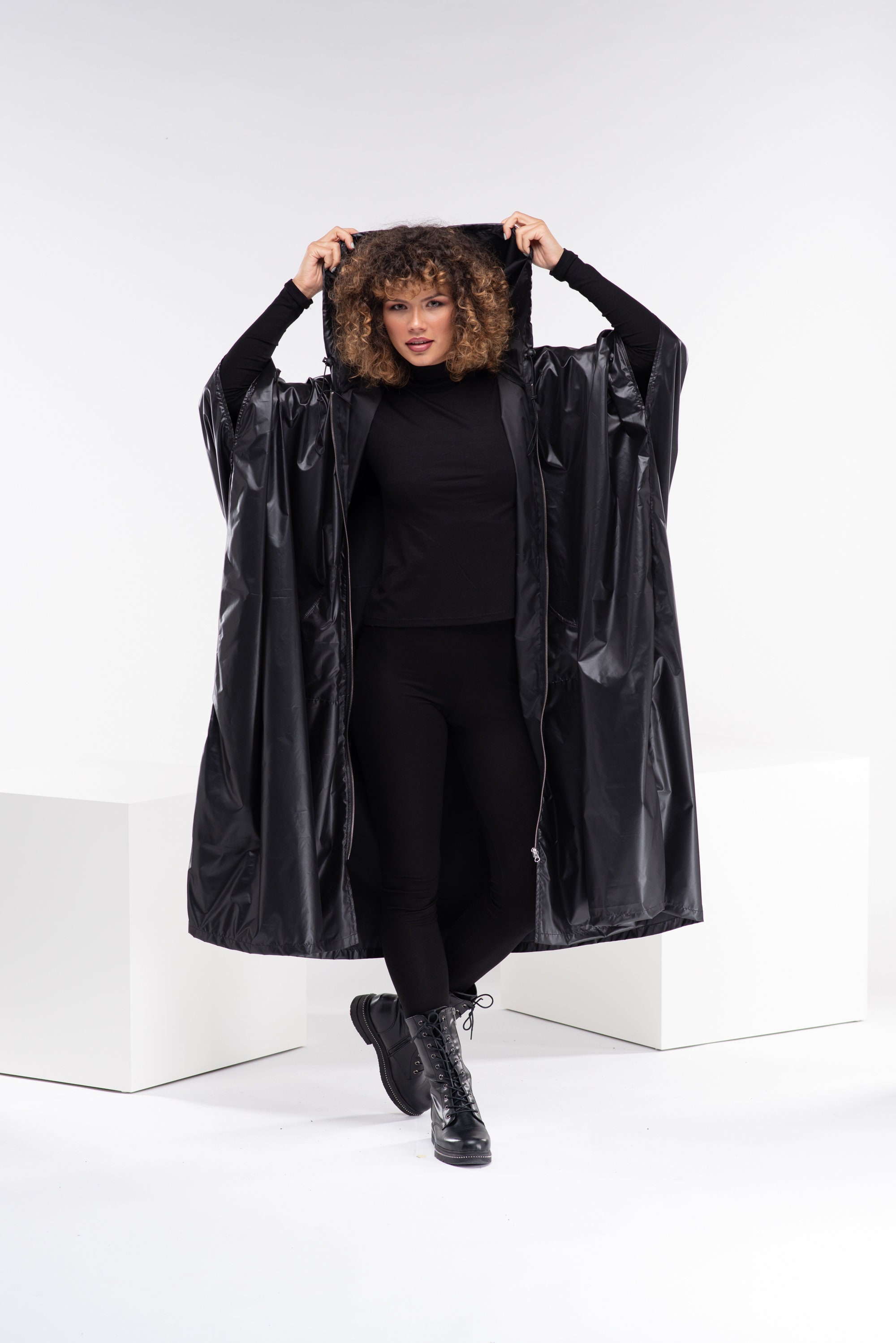 Oversized Hooded Raincoat, Boho Gothic Hoodie, Long Black