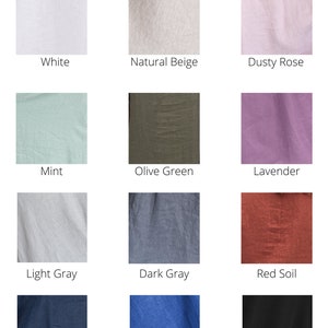 May include: A collection of 12 fabric swatches in various colors, including white, natural beige, dusty rose, mint, olive green, lavender, light gray, dark gray, red soil, dark blue, sea blue, and black. The fabric is 100% linen.