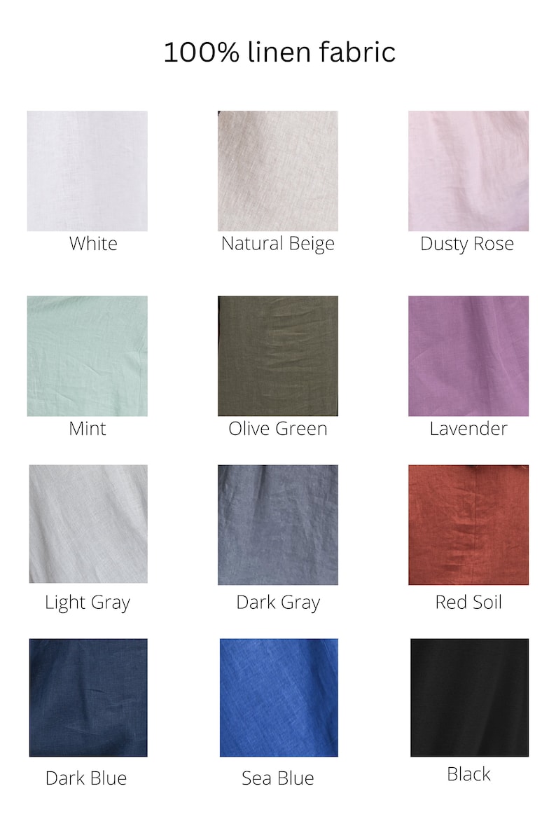 May include: A collection of 12 fabric swatches in various colors, including white, natural beige, dusty rose, mint, olive green, lavender, light gray, dark gray, red soil, dark blue, sea blue, and black. The fabric is 100% linen.