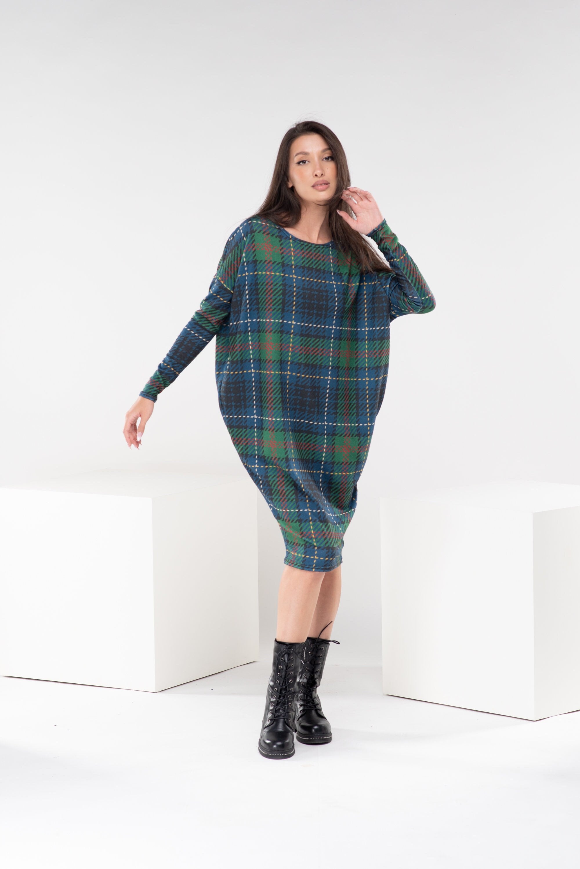 Green Plaid Oversized Knitted Dress : Warm Wool Blend Winter Sweater Jumper