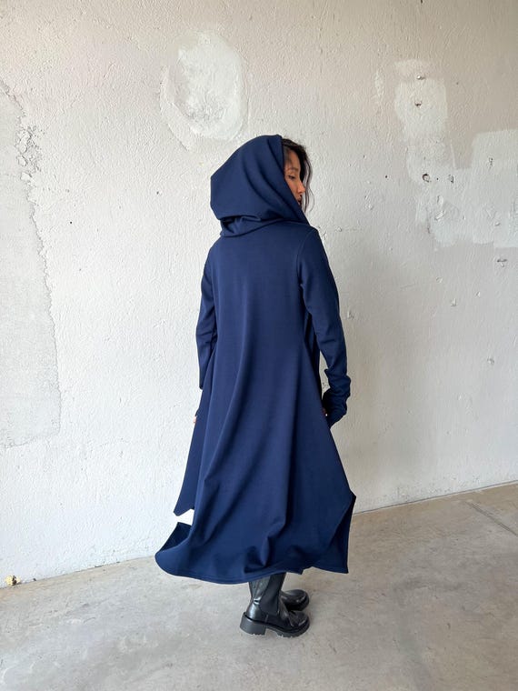 Dark Blue Hooded Cloak, Cyberpunk Cosplay Cloak,  Wool Winter Cloak, Maxi Sweater Cardigan, Warm Wrap Cape Coat