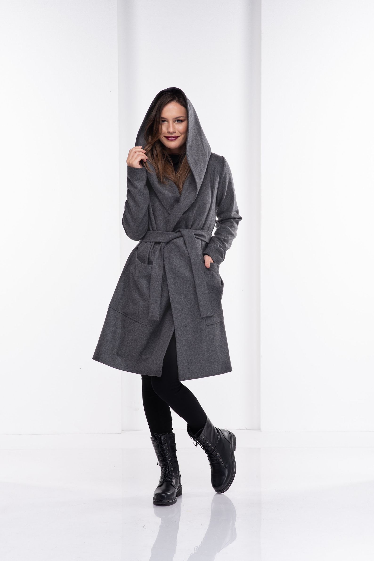 Gray Wool Coat Women Cashmere Hooded Cape Coat Winter Trench Etsy