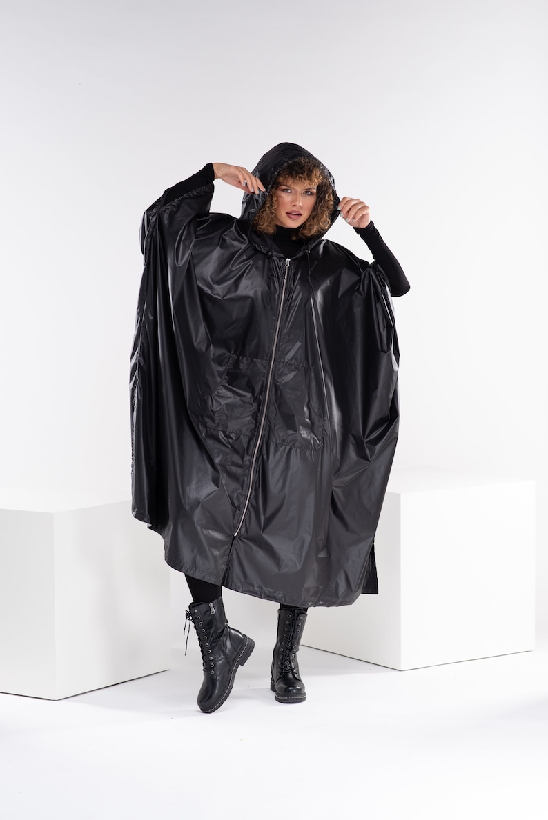Oversized Hooded Raincoat, Boho Gothic Hoodie, Long Black Cape Coat, Cyberpunk Rain Jacket, Black Swing Coat image 2