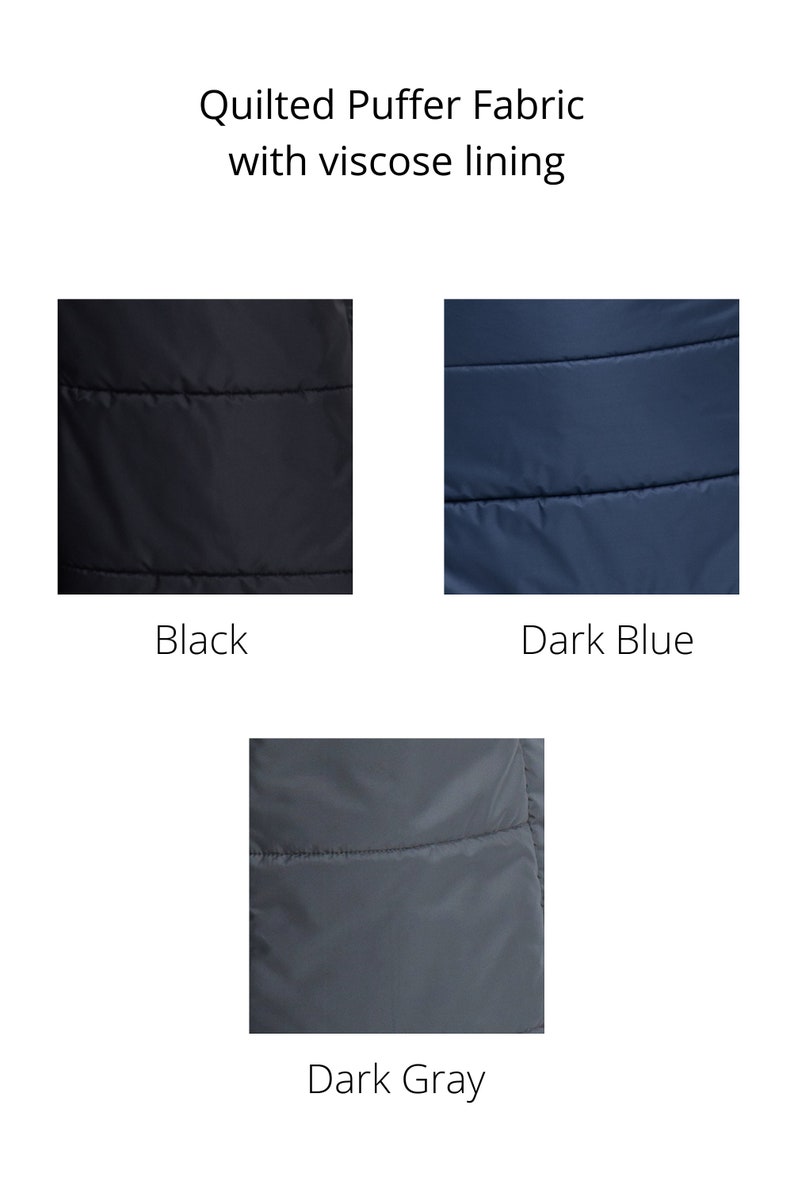Puede incluir: Primer plano de tejido acolchado de plum&oacute;n en tres colores: negro, azul oscuro y gris oscuro. El tejido tiene una textura acolchada suave y un forro de viscosa.