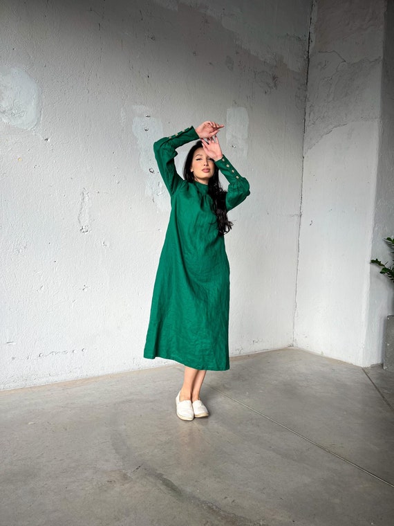 Puff Sleeve Linen Dress, Linen Victorian Dress, Linen Modest Dress, Bohemian Maxi Dress, Renaissance Dress, Simple Wedding Dress,Green Dress