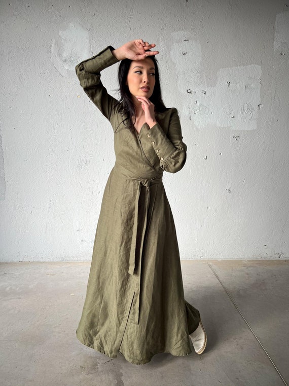 Wrap Puff Sleeve Dress, Green Linen Dress, Medieval Dress, Heavyweight Maxi Linen Dress, Linen Maxi Gown, Linen Bishop Sleeve Dress