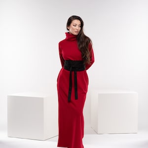 Robe longue rouge en tricot, robe longue d'hiver, robe longue en laine, robe d'automne à col roulé, robe pull chaude image 3