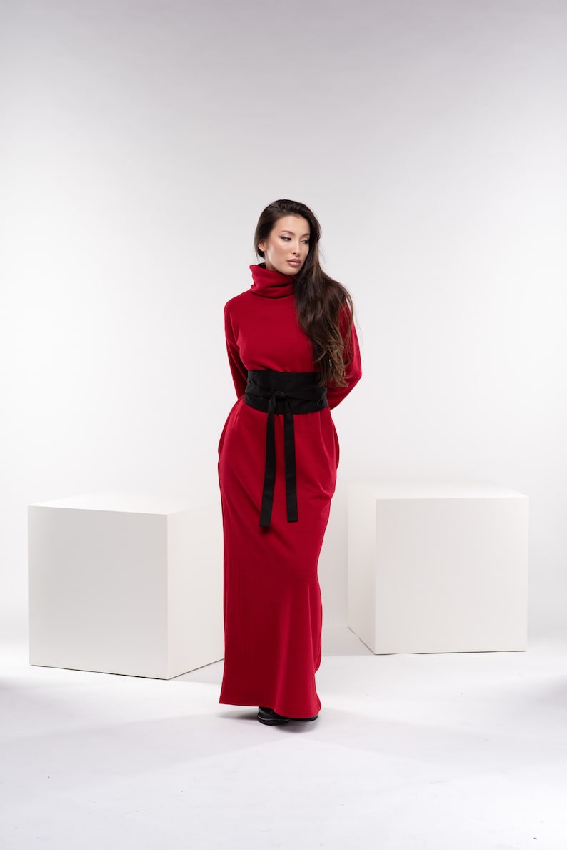 Robe longue rouge en tricot, robe longue d'hiver, robe longue en laine, robe d'automne à col roulé, robe pull chaude image 3