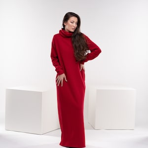 Robe longue rouge en tricot, robe longue d'hiver, robe longue en laine, robe d'automne à col roulé, robe pull chaude image 2