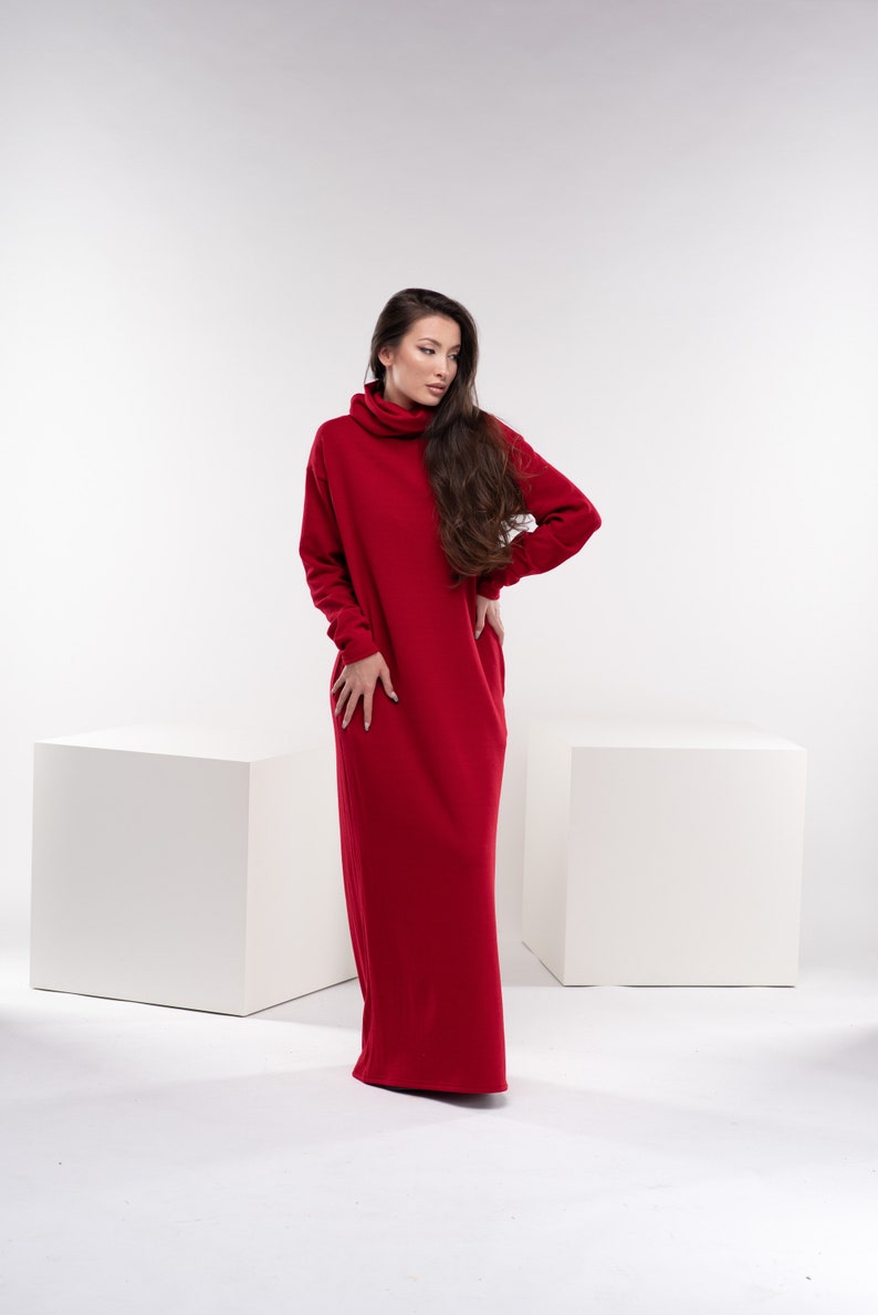 Robe longue rouge en tricot, robe longue d'hiver, robe longue en laine, robe d'automne à col roulé, robe pull chaude image 2