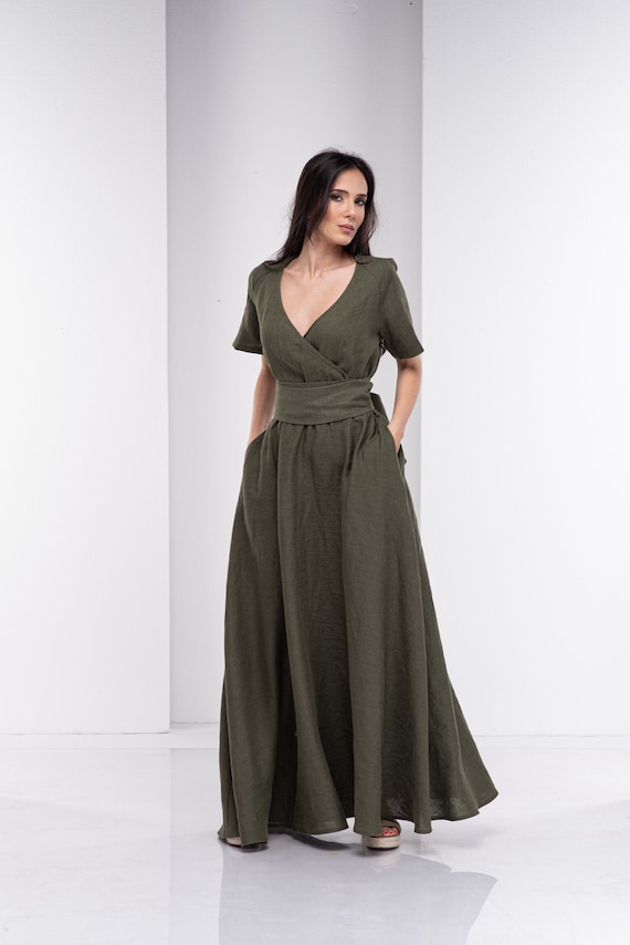 Linnen omslagjurk linnen strandjurk linnen kaftan maxi jurk linnen kleding voor dames Etsy Nederland