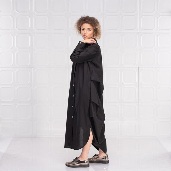Button up Shirt Dress Long Sleeve Shirt Dress Black Cotton Etsy