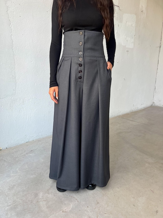 Wool Wide Leg Techwear Pants : Long Grey Palazzo High Waist Trousers